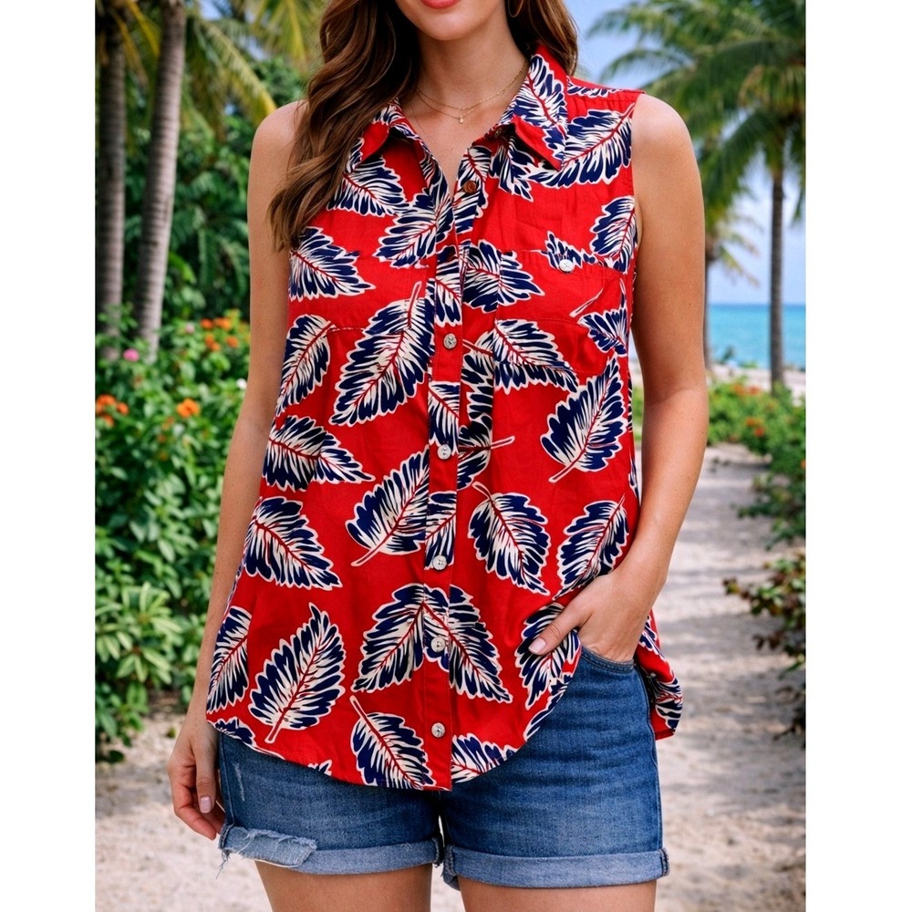 CHAPS Red Blue Tropical Sleeveless Collared Flowy Casual Button Top Women's Sz M